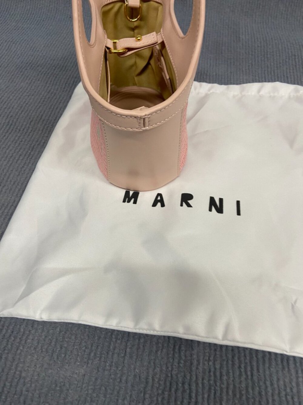🌸Marni Blush Pink Raffia Mini Bucket Bag Leather Trim Removable Crossbody Strap - Picture 6 of 6